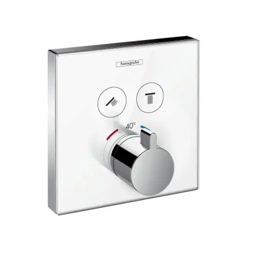 Hansgrohe Thermostat mit Glasfront für die Wandmontage. Drehknopf zur Temperaturregelung, zwei Auslässe für Wasser und separate Symbole für verschiedene Funktionen.